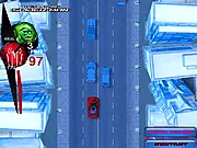 Spiderman Strike Racer online game screenshot, Spider-Man driving a red car, smashing villain's car, action-racing game free