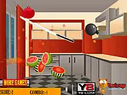Cut Fruits free online arcade game showing a virtual sword slicing a mix of colorful fruit, including apples and oranges, while avoiding a black bomb.