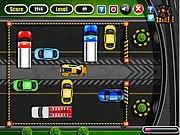 Solve the Traffic game screen, showing a parking lot gridlock with cars needing to be slid to create an exit path