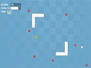 PixMania free online arcade game screenshot showing a single yellow pixel surrounded by red enemy pixels and blue bonus points.