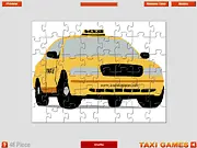 Cartoon Taxi Jigsaw free online puzzle game with pieces scattered across the screen