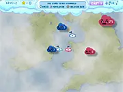 Cloud Wars free online strategy game screenshot showing an aerial battle between blue and red cloud armies