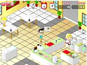 Noodle Shop Frenzy free online game screenshot showing Lisa serving a bowl of noodles to a customer at the restaurant counter