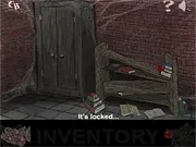 Creepy Basement Escape free online horror game screenshot showing a dark room with hidden objects and puzzles