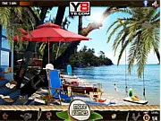 Playing Tropical Island Hidden Objects, searching for hidden items on a sunny beach scene with palm trees and ocean, free online game
