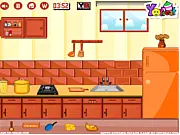 Screenshot from Witty Kitchen Escape showing a locked kitchen filled with cooking supplies and puzzle clues