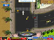 Screenshot of California Pizza Delivery free online game showing a delivery driver on a scooter speeding through a sunny, busy city street