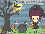 Buttons Halloween Dress Up online game screenshot, girl in a spooky costume with a cauldron