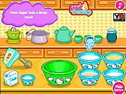 Screenshot from Hello Kitty Donut Muffins free online cooking game showing Hello Kitty in a kitchen with ingredients for muffins.