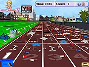 Screenshot of Track Meet Cleanup free online game showing various pieces of trash scattered across a running track with a visible timer.