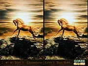 Horse Differences game interface showing two nearly identical pictures of a beautiful horse on a ranch, highlighting the 'spot the six differences' puzzle challenge