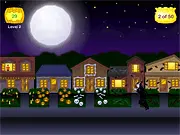Screenshot from Halloween Trick or Treat game showing three girls in costumes holding buckets, surrounded by collected candies on a spooky street