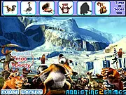 Ice Age Hidden Objects game screenshot, looking for cartoon characters in a snowy prehistoric scene, play free online