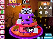 Screenshot of the Halloween Cake Decor game showing a decorated multi-layered cake with spooky elements like spiders, tombstones, and blood-red frosting