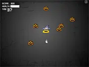 A lone character running away from a swarm of smiling, crazy jack-o'-lanterns in the free online game, Halloween Survivor.