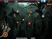 Screenshot from Happy Halloween Shooter game showing a launched pumpkin projectile flying towards various bouncing evil faces in a puzzle-style level