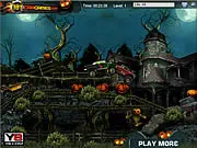 A large monster truck racing over tombstones and a hill inside a spooky graveyard in the free online game, Halloween Graveyard Racing.