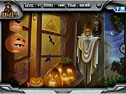 A magnified section of a haunted house scene from the Halloween Hidden Objects Game, highlighting several items hidden among the spooky decorations.