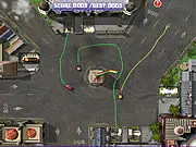 Screenshot of Bus Controller online game showing multiple colored buses moving along drawn paths to their matching parking spots
