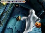 A detailed, spooky scene from the Halloween Hidden Objects game, showing a haunted room filled with ghosts, bats, and other concealed items.