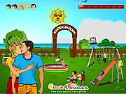 Screenshot of Secret School Kiss free online game showing two cartoon characters attempting to kiss in a hallway as a teacher walks by