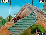 Gameplay screenshot of Quad Trials 2 showing a player driving a quad bike over a complex obstacle course made of wooden planks and crates.