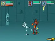 Tribot Fighter free online beat 'em up game screenshot showing a robotic character using a special attack against multiple enemies