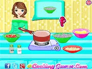 Screenshot of Elina's Pumpkin Pasta Cooking game, showing ingredients and kitchen utensils for a free online cooking game