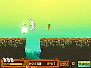 Little Rabbit free online platformer game screenshot showing the rabbit jumping over an obstacle to collect carrots