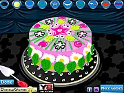 Flower Cake Decor & Dress Up free online game showing a girl named Diana in a chef outfit next to a beautifully decorated flower cake