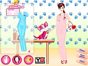 A cute veterinarian, Caroline, being dressed up in stylish scrubs in the free online game