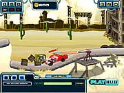 Gameplay screenshot of the vehicle combat game Offroad Warrior showing an armored vehicle driving through city ruins.