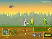 Gameplay screenshot of Stop GMO, showing a character shooting a cartoonishly large, aggressive vegetable enemy in an intense action game.