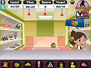 Kids Shopping Mall game screenshot showing a busy toy counter with children waiting for toys and coins being collected