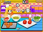 Fried Goat's Cheese With Tomato cooking game screen showing a plate with golden-fried goat cheese rounds, sliced tomatoes, and a drizzle of sauce.