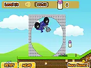Tom and Jerry ATV game screenshot showing Tom driving a quad bike over a large loop and jump obstacle course