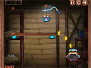 Future Buddy physics puzzle game screenshot showing a rope being cut to swing a character towards a goal. Play free online.