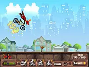 Rex Stunts online game screen showing a dinosaur named Rex riding a bicycle over a giant stunt ramp