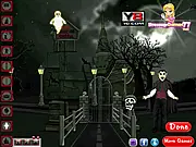 Screenshot of the Vampire Castle decorating game, showing a grand hall with gothic furniture, a large window, and dark red curtains.