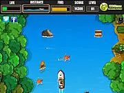 Battalion Boat Escape game, boat being chased by a military force, avoiding obstacles in the water