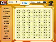 Adjectives Search online game screen showing a grid of letters with several adjective words highlighted by colored boxes.