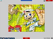 Gameplay screenshot of the free online game Johnny Test Jigsaw, showing scattered pieces of a cartoon puzzle featuring the character Johnny Test.