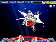 Asteroid Defender game screenshot showing a small spaceship surrounded by large, grey asteroids in a dark space environment