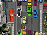 Screenshot from 18 Wheeler Traffic Jam free online game showing a large semi-truck navigating tight spaces between cars jammed in traffic.