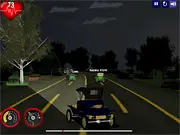 Screenshot of Cemetery Road free online game, a vintage car driving at night with bright headlights shining on a shadowy monster