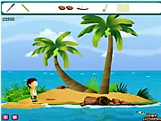 Tropical Island Escape free online game screenshot, featuring the stranded traveler Larry and his wrecked boat on a beach.