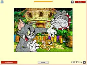 Free online sliding puzzle game featuring cartoon characters Tom, Jerry, and Spike the bulldog in Easy, Medium, Hard, and Expert difficulty modes.
