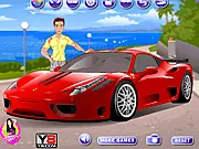 Play Justin Car Tuning free online game on PlayArcadeHub, customizing a red Ferrari sports car with custom wheels and paint.