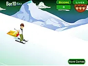 Ben 10 skiing down a snowy mountain in the Ben 10 Ski free online game, avoiding rocks
