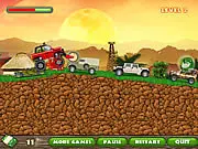 Screenshot of Jungle War Driving free online game, a large monster jeep with a spike roller driving aggressively through a jungle environment